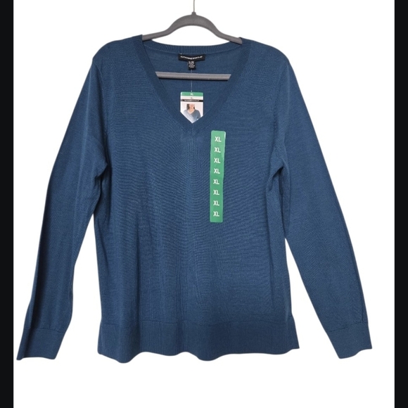 NWT, KATHERINE BARCLAY Women's Blue V-Neck Merino Wool Sweater.Size XL - Picture 10 of 11